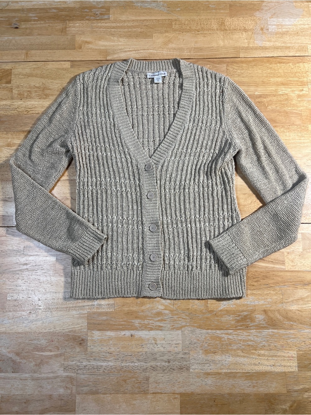 Coldwater Creek V-Neck Cardigan Sweater Womens XS 4-6 Open Knit Taupe Button Up
